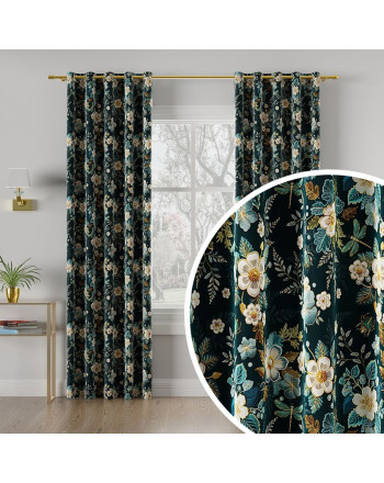 Drukowana zasłona welwetowa, na przelotkach, kolor petrol, szerokość do140 cm, Embra - szyta na wymiar