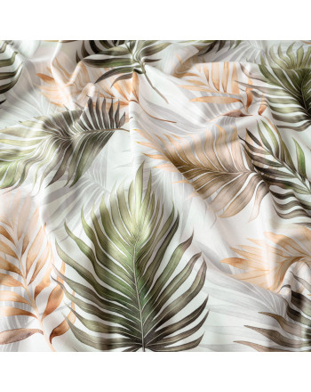 Półzaciemniający welurowy materiał na zasłony, kolor biały z nadrukiem liści w kolorze zielono-brązowy, szerokość 165 cm, Palma - sprzedawany na metry