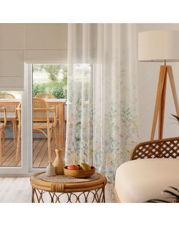 Biała firana woalowa z kolorowym nadrukiem kwiatowym od dołu, wysokość 295 cm, dół wykończony ołowianką