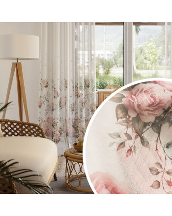 Długa firana do salonu, etamina z nadrukiem kwiatowym od dołu i ołowianką, wysokość 295 cm, Rossette - sprzedawana na metry