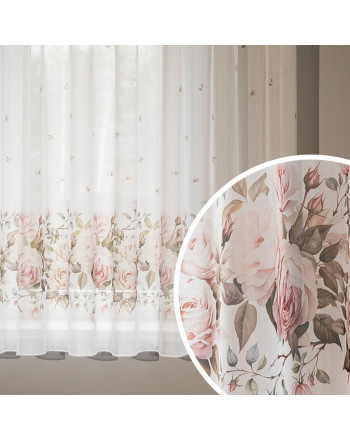 Firanka woal biały z drukiem kwiatowym i ołowianką, wysokość 157 cm, Rosette - sprzedawana na metry