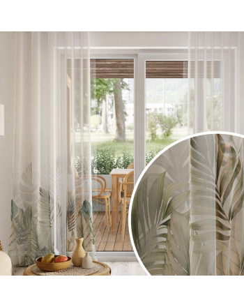 Firana z etaminy do salonu na taśmie, nadruk w tonacji zielono-brązowej, wysokość od 100 do 295 cm, Tropikalna oaza - szyta na wymiar