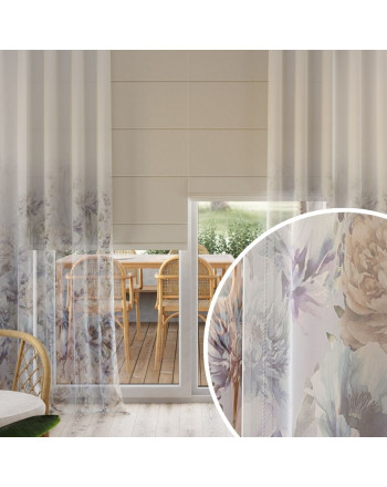 Firanka z woalu do salonu na taśmie, nadruk kwiatów w kolorze niebiesko-beżowym, wysokość od 100 do 315 cm, Celeste - szyta na wymiar