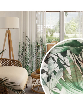 Firana Verdura wysoka na 295 cm, wykonana z etaminy z botanicznym wzorem i obciążnikiem ołowianym ze bliżeniem wzoru, idealny wybór do nowoczesnych, wysokich wnętrz. 