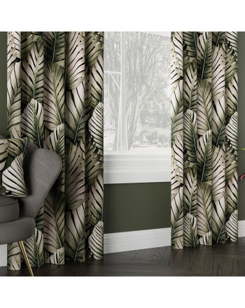 Zasłona zaciemniająca typu blackout na taśmie Tropicana, ciemnozielona z nadrukiem w liście - szyta na wymiar