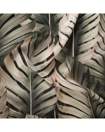 Zaciemniający materiał na zasłony, kolor ciemnozielony z nadrukiem w liście, szerokość 145 cm, Tropicana - sprzedawana na metry