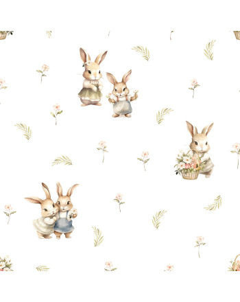 Biała welurowa tkanina zasłonowa do pokoju dziecka, z kolorowym nadrukiem, szerokość 165 cm, Króliczki - sprzedawana na metry