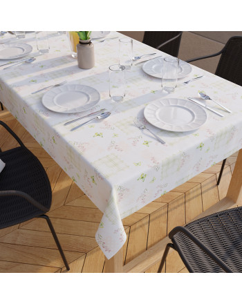 Obrus z tkaniny wodoodpornej, kolor biały z  kolorowym nadrukiem, Wiosenny patchwork, wykończony listwą - szyty na wymiar