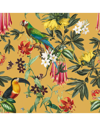 Tkanina zasłonowa z velvetu w tonacji żółtej z nadrukiem kwiatów i ptaków, szerokość 150 cm, Riko- sprzedawana na metry