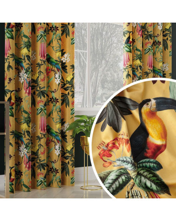 Tkanina zasłonowa z velvetu w tonacji żółtej z nadrukiem kwiatów i ptaków, Riko- sprzedawana na metry
