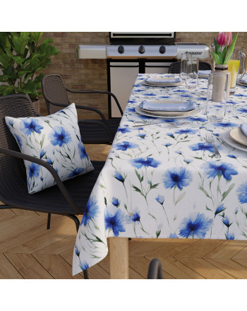 Obrus wodoodporny z nadrukiem, kolor niebieski, wykończony listwą, Chabry - szyty na wymiar