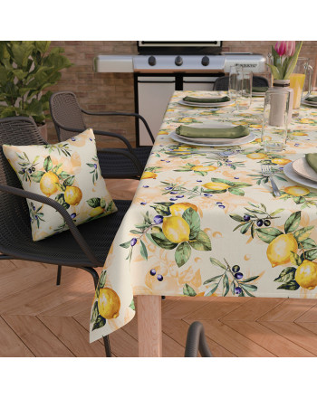 Obrus z tkaniny wodoodpornej z nadrukiem, kolor żółto-beżowy z nadrukiem, wykończony listwą, Citrus - szyty na wymiar