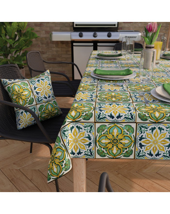 Obrus wodoodporny z nadrukiem w greckim stylu w kolorze żółto-zielonym, wykończony listwą, Malik - szyty na wymiar
