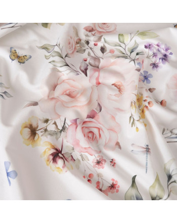 Welwetowy materiał na zasłony, biały z kwiatowym nadrukiem, szerokość 150 cm, Roksanna - sprzedawany na metry