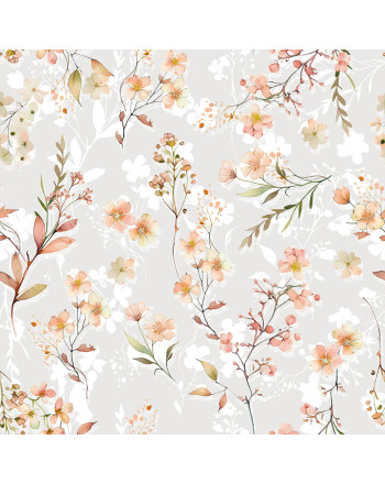 Wodoodporny materiał na zasłony lub obrusy, z nadrukiem w kolorze szaro-różowym, szerokość 160 cm, Spring - sprzedawany na metry