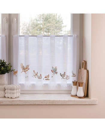 Zazdrostka żakardowa z otworami na drążek, biała z kolorowym nadrukiem, oferowana w 2 wysokościach, Kury - sprzedawana na metry