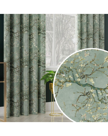 Welwetowy materiał na zasłony, drukowany w odcieniu szałwiowym, szerokość 150 cm, Kwitnący migdałowiec - sprzedawany na metry