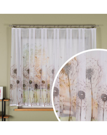 Krótka firanka żakardowa z nadrukiem w tonacji beżowo-szarej. dostępna w kilku wysokościach, Dmuchawce - sprzedawana na metry