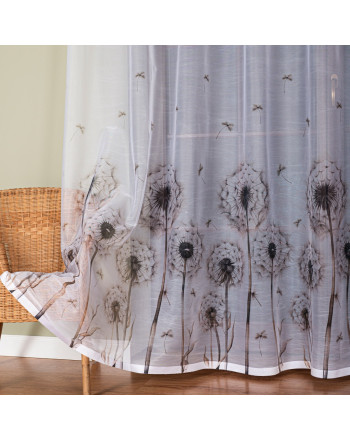 Długa firana żakardowa do salonu  z nadrukiem w tonacji beżowo-szarej, dostępna w kilku wysokościach, Dmuchawce - sprzedawana na metry