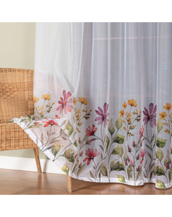 Długa firanka żakardowa do salonu, kolor biały z kolorowym nadrukiem, dostępna w kilku wysokościach, Kwiatowa łąka - sprzedawana na metry