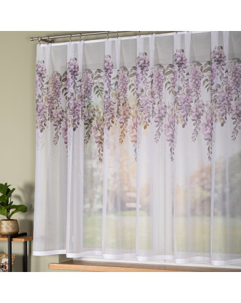 Krótka firanka żakardowa z drukowanym motywem kwiatowym, dostępna w kilku wysokościach, Wisteria - sprzedawana na metry