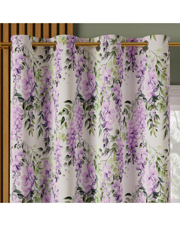 Zasłona drukowana welurowa na przelotkach, biała z kolorowym nadrukiem szerokość do 155 cm, Wisteria - szyta na wymiar