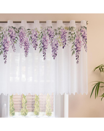 Zazdrostka żakardowa z otworami na drążek, biała z kolorowym nadrukiem, oferowana w 2 wysokościach, Wisteria - sprzedawana na metry