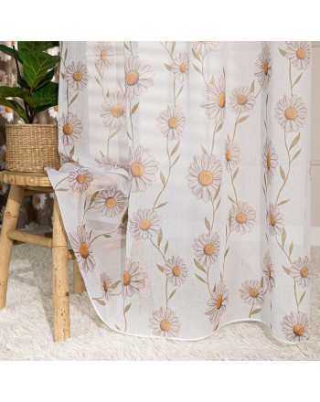 Firana etamina z ołowianką, biała z kolorowym nadrukiem na taśmie wave, wysokość do 285 cm, Stokrotka - szyta na wymiar