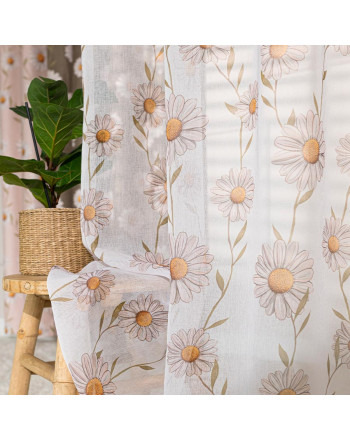 Firana, etamina z ołowianką na taśmie marszczącej, biała z kolorowym nadrukiem, wysokość do 295 cm, Stokrotka - szyta na wymiar