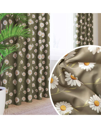 Zasłona welurowa, drukowana w odcieniu zielonym, szerokość do 165 cm, Stokrotka na taśmie - szyta na wymiar