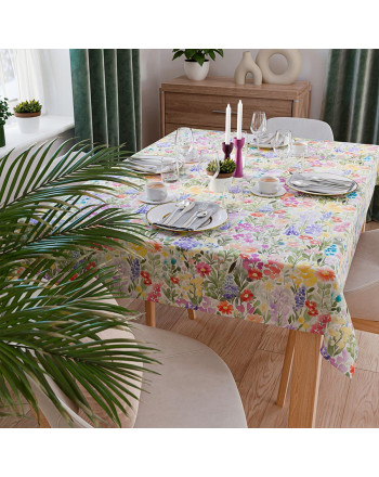 Obrus z tkaniny wodoodpornej, kolor biały z kwiatowym nadrukiem, wykończony listwą, Wiosenna łąka - szyty na wymiar