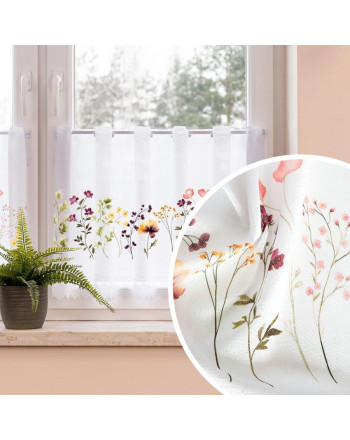 Biała zazdrostka żakardowa z otworami na drążek i kwiatowym nadrukiem, oferowana w 2 wysokościach, Florina - sprzedawana na metry