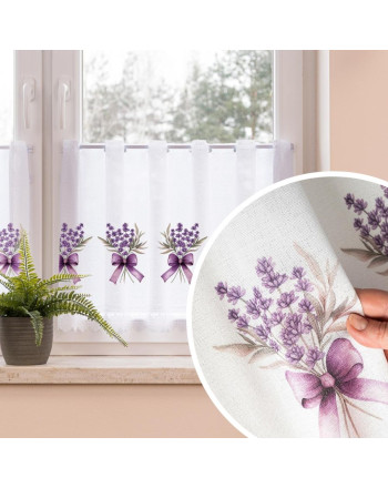 Zazdrostka żakardowa z otworami na drążek, kolor biały z kolorowym nadrukiem, oferowana w 2 wysokościach, Lawenda - sprzedawana na metry