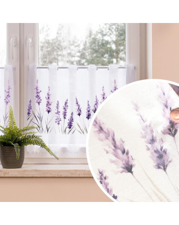 Biała zazdrostka żakardowa z otworami na drążek z kolorowym nadrukiem, oferowana w 2 wysokościach, Łąka lawendowa - sprzedawana na metry