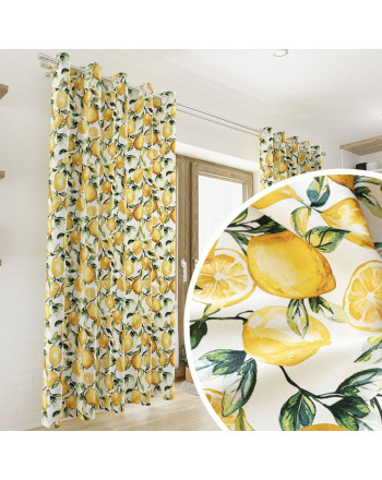 Zasłona drukowana welurowa  na przelotkach, biała z kolorowym nadrukiem szerokość  do 155 cm, Cytryny - szyta na wymiar