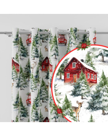 Zasłona z tkaniny wodoodpornej z drukowanym świątecznym wzorem na przelotkach, wielokolorowa, wysokość do 350 cm, Zimowy Las - szyta na wymiar