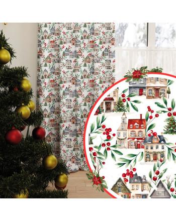 Zasłona z tkaniny wodoodpornej, tło białe, kolorowy nadruk, na taśmie, wysokość do 350 cm, Zimowe miasteczko - szyta na wymiar