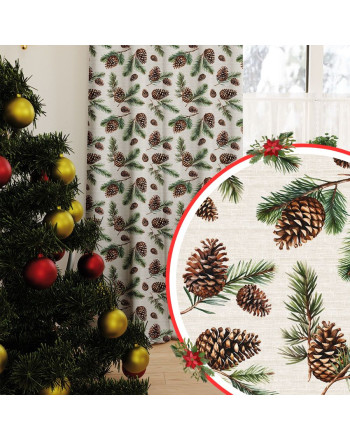 Zasłona z tkaniny wodoodpornej, beżowe tło, kolorowy nadruk, na taśmie, wysokość do 350 cm, Szyszki - szyta na wymiar