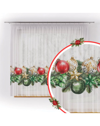 Firanka z woalu z ołowianką, na taśmie, kolorowy świąteczny nadruk, wysokość do 157 cm, Bombki- szyta na wymiar
