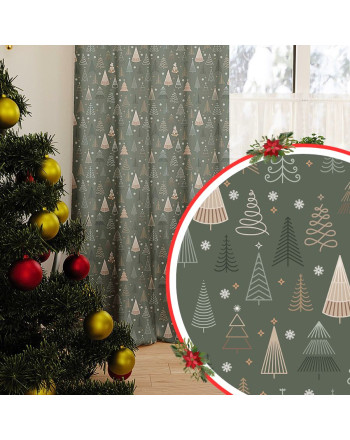 Zasłona z tkaniny wodoodpornej, drukowana w kolorze oliwkowej zieloni, na taśmie, wysokość do 350 cm, Geometryczne choinki - szyta na wymiar