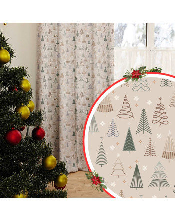 Zasłona z tkaniny wodoodpornej, drukowana, kolor beżowy, na taśmie, wysokość do 350 cm, Geometryczne choinki - szyta na wymiar