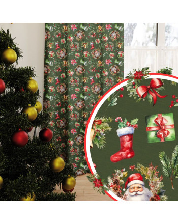 Zasłona z tkaniny wodoodpornej, tło zielone, kolorowy nadruk, na taśmie, wysokość do 350 cm, Świąteczny mix - szyta na wymiar