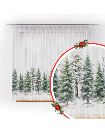 Firanka woalowa z ołowianką na taśmie,  nadruk w odcieniu zielonym, wysokość do 157 cm, Las zimą - szyta na wymiar