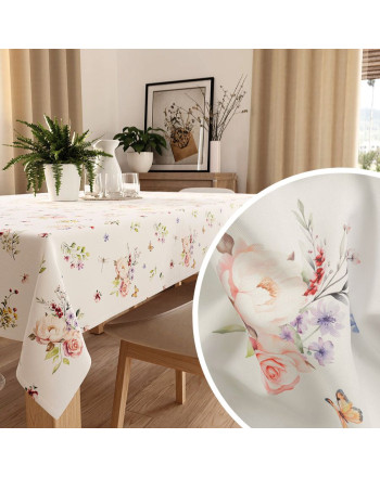 Obrus z tkaniny wodoodpornej, kolor biały z kwiatowym nadrukiem, wykończony listwą, Elara - szyty na wymiar