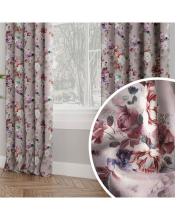 Zasłona zaciemniająca typu blackout na taśmie, kolor wrzosowy z pastelowym nadrukiem kwiatów, szerokość 145 cm, Eleonor - szyta na wymiar