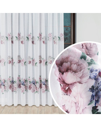 Delikatna tkanina typu etamina z ołowianką, nadruk piwonie, wysokość 290 cm, Peoni - sprzedawana na metry