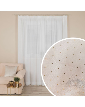 Firana gotowa na taśmie, etamina ze złotymi kropkami, kolor biały, oferowana w rozmiarze 140x250 cm