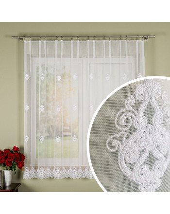 Krótka firanka haftowana do salonu jadalni ze wzorem pasowym wysokość 170 cm kolor biała z błyskiem - sprzedawana na metry