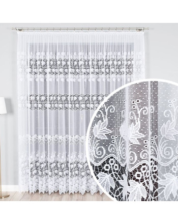 Firanka żakardowa na taśmie z roślinnym wzorem, kolor biały, wysokość do 250 cm - szyta na wymiar