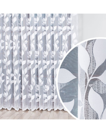 Firanka żakardowa w liście, uszyta na taśmie, kolor biały - szyta na wymiar